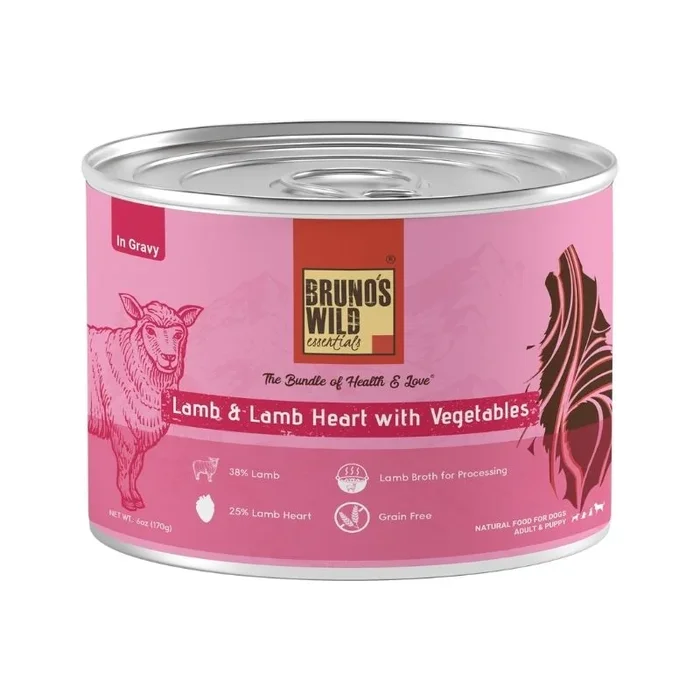 Bruno’s Wild Essentials Wet Dog Food – Lamb and Lamb Heart with Vegetables in Gravy (170g)