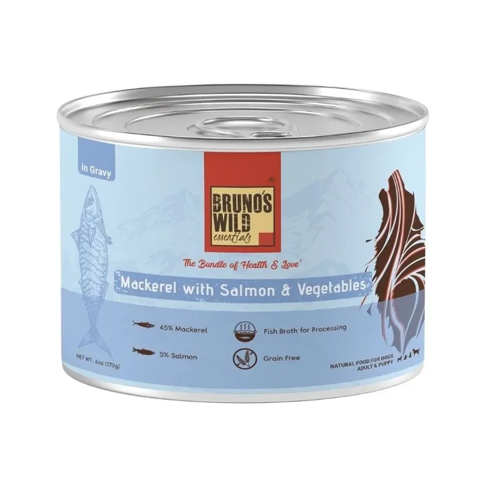 Bruno’s Wild Essentials Wet Dog Food – Mackerel with Salmon and Vegetables in Gravy (170g)