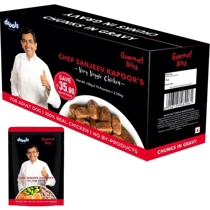 Drools Wet Dog Food – Gourmet Bites – Sanjeev Kapoor Recipe -Very Veggie Chicken (150g x 15 Pouches)