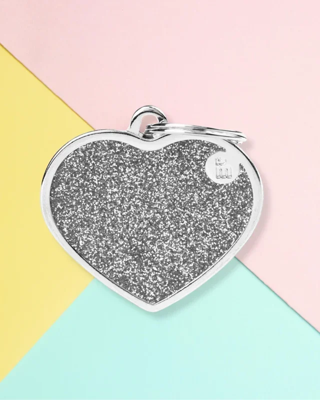 Silver Glitter Heart Custom Pet ID Tag