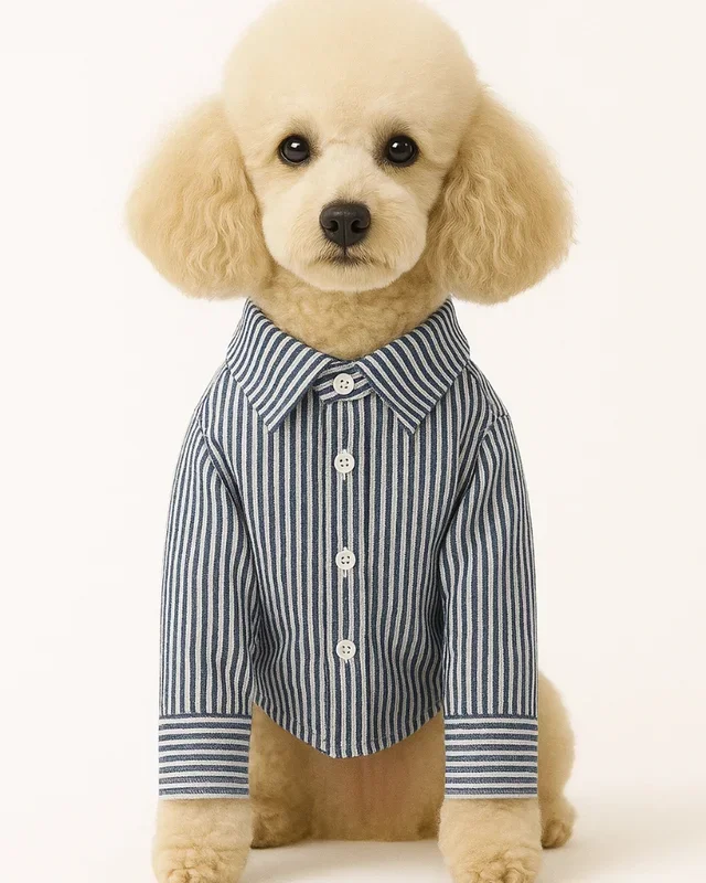 Slim Fit Organic Cotton Button Down Dog Shirt in Striped Navy Blue