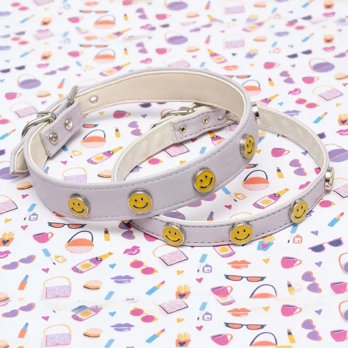 Smiley Face Vegan Leather Dog Collar in Lightest Lilac (Made in the USA)